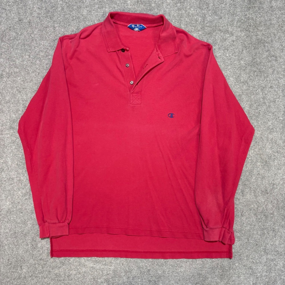 Vintage Champion Mens Long Sleeve Polo Shirt Red Pique Knit Large